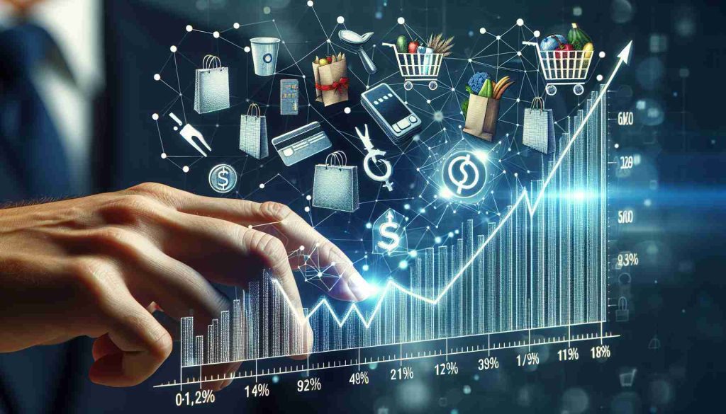 High-definition image of a conceptual representation showing the emergence of a new trend in consumer prices. There should be a graph illustrating the price patterns over time, with a clear upward trend. The graph could be surrounded by symbolic objects like shopping bags, credit cards, or a grocery basket, illustrating consumer spending. Perhaps a hand is seen pointing or navigating the graph. Reflect a range of consumers by depicting hands of different genders like a male hand and a female hand, and diversify with ethnicities like caucasian and black.