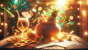 An authentic, high-definition image representing an intriguing story titled 'The Summer Jackpot: A Tale of Fortunes'. Create a vivid scene with a warmly lit environment, suggestive of the cheerful summertime. Include some fortune-related symbolism: a flurry of golden coins sparkling in the sunlight, and a note with lottery numbers. Create an atmosphere that communicates the excitement and potential rewards of a summer jackpot.