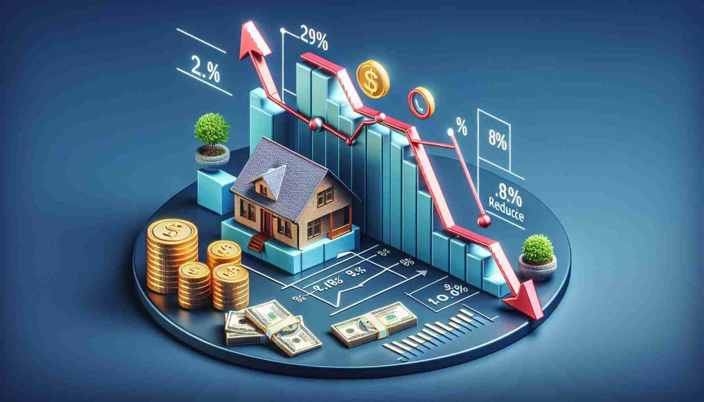 Create a high-definition, realistic graphic representing the impact of Euribor rate reduction on mortgage costs. It could depict a downward graph to symbolize the Euribor rate reduction, with a home on one end and a stack of money saved on the other. The graph should also include the elements like time frame, percentage reduction, and a correlation line showing the decrease in mortgage costs. Use currency icons, numerical, and percentage symbols wherever needed.