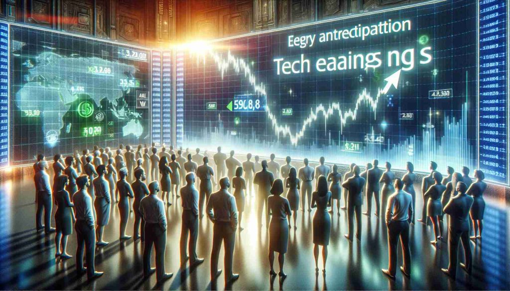 Realistic HD image illustrating the concept of eager anticipation for tech earnings shaping market sentiment. Depict a bullish stock market scene with people of various descents and genders observing significant growth in tech company stocks on a large digital stock market display. Show expressions of hope and excitement on their faces, using light and color to emphasize the mood of anticipation.