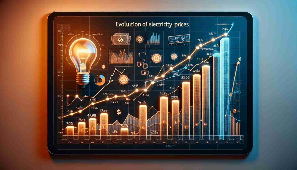 Create an image that visually demonstrates the evolution of electricity prices. Start with a low bar on the left indicating prices from the past, with heights that gradually increase to show growing costs in the present day. Also include line graph overlays demonstrating trends. The image should be in HD with high resolution, sharp details, and a realistic aesthetic. Intersperse relevant symbols like a light bulb for electricity. The design and layout should be clean and easy to understand, with proper labels, axis, and a title that signals the evolution of electricity prices.