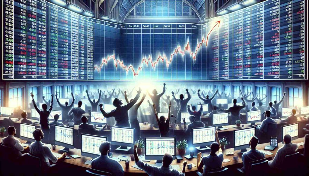 Create a realistic high-definition image illustrating a robust stock market rally. The scene should depict trading floors bustling with activity, computer screens showing upward trending graphs and happy traders celebrating the positive sentiment. The ambiance is filled with joy and optimism reflecting the prevailing positive sentiment.