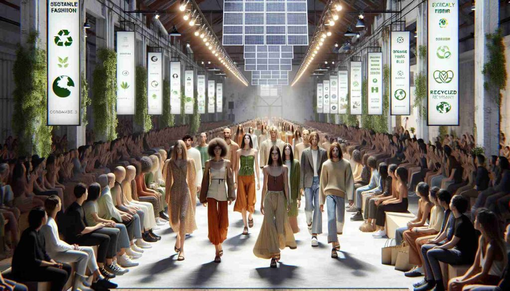 A high-definition, realistic portrayal of the ascendancy of sustainable fashion brands. The image captures a lively fashion show runway featuring models of varied descents and genders. They stride confidently, showcasing organic materials, recycled fabrics, and ethical jewelry. The surrounding area brims with environmentally friendly details: solar panel lights illuminating the catwalk, recycled paper bulletin boards showcasing brand names and collections. In the audience, fashion enthusiasts express admiration and excitement, reflecting a growing acceptance of sustainability in the fashion industry.