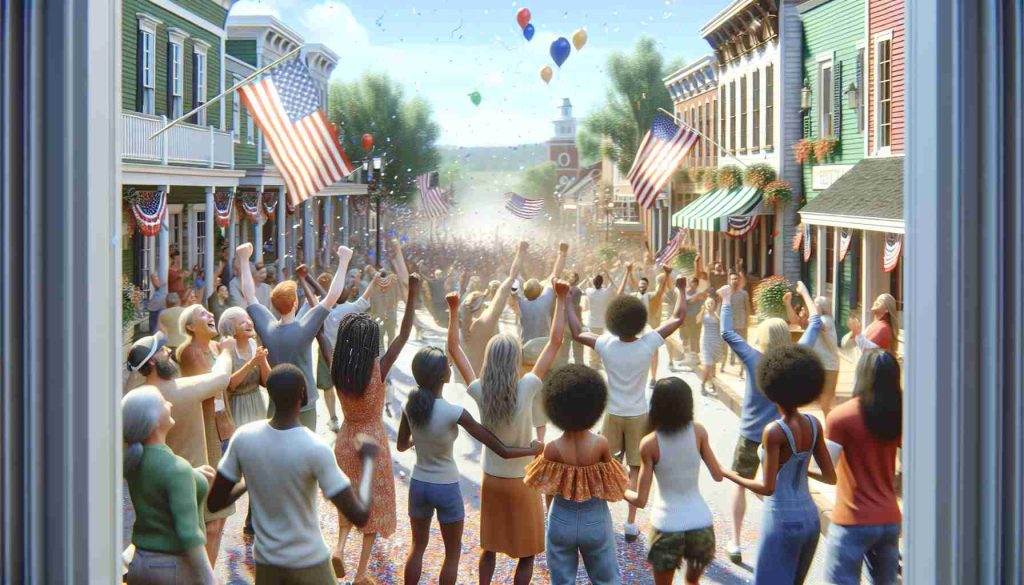 Generate a realistic, high-definition image depicting a joyful scene in a small town, where residents from diverse descents including Caucasians, Black, Hispanic, Middle-Eastern, South Asian, and White are gathering to celebrate a major win in the sweepstakes. Show people expressing their happiness through cheering, hugging, and waving flags. Some individuals are throwing confetti in the air while others are holding up a large banner that reads 'We Won!' The small town should be idyllic, with charming buildings lining a main street and balloons scattered through the air, reflecting the festive ambiance.