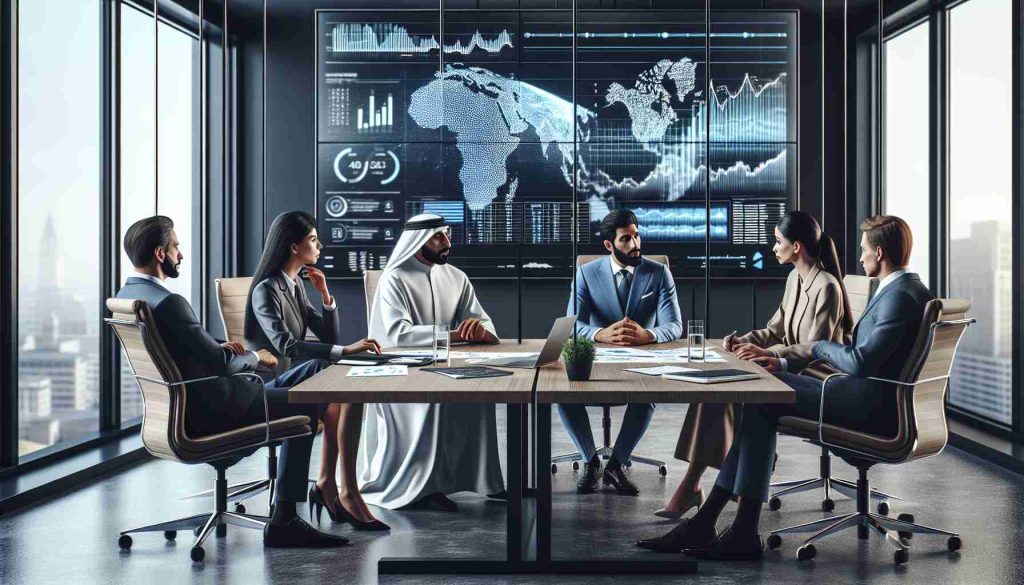 A photorealistic, high-definition conceptual depiction of a strategic business expansion. The scene includes a meeting table in a modern office interior, with a diverse group of suitors - a Middle-Eastern man, a Hispanic woman, an Asian man, and a Caucasian woman. They are in deep discussion, with documents spread out on the table. A large, wall-mounted screen in the background displays dynamic charts and figures. Appropriate for representing the acquisition of a corporation by another business entity.