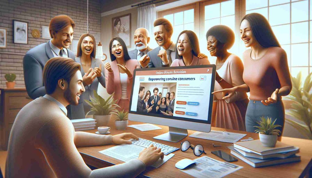 Realistic HD depiction of the concept of empowering consumers with Online Dispute Resolution. The image showcases different individuals of diverse descents and genders engaging with an online platform dedicated to resolving disputes. Their faces show relief and satisfaction, highlighting the effectiveness of the system. Details include a computer screen on which an Online Dispute Resolution website is visible with clear, user-friendly interface. Surroundings suggest a comfortable home environment. The color palette is warm and inviting to emphasize the safety and efficiency of online dispute resolution.