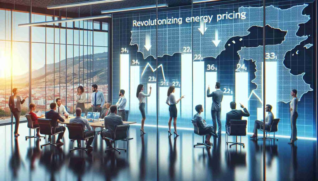 Generate a crystal clear, realistic image showing the concept of 'Revolutionizing Energy Pricing'. The scene includes a modern office set in Spain, bustling with activity as people from diverse descents, including Caucasian and Hispanic, both of genders male and female, are engaged in discussions. On the glass wall of the office, there are charts showcasing falling energy prices and the map of Spain. Some participants in the meeting are pointing towards these charts, signifying the transformation.