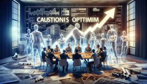 A high-definition image depicting the concept of cautious optimism in the real estate market following interest rate cuts by a major European financial institution. The scene includes a physically expressive group of real estate brokers from different descents and genders gathered around a table, studying market trends on a digital screen. The room is filled with blueprints, architectural models, and documents. The overall atmosphere suggests a mix of concern, hope, and active planning.