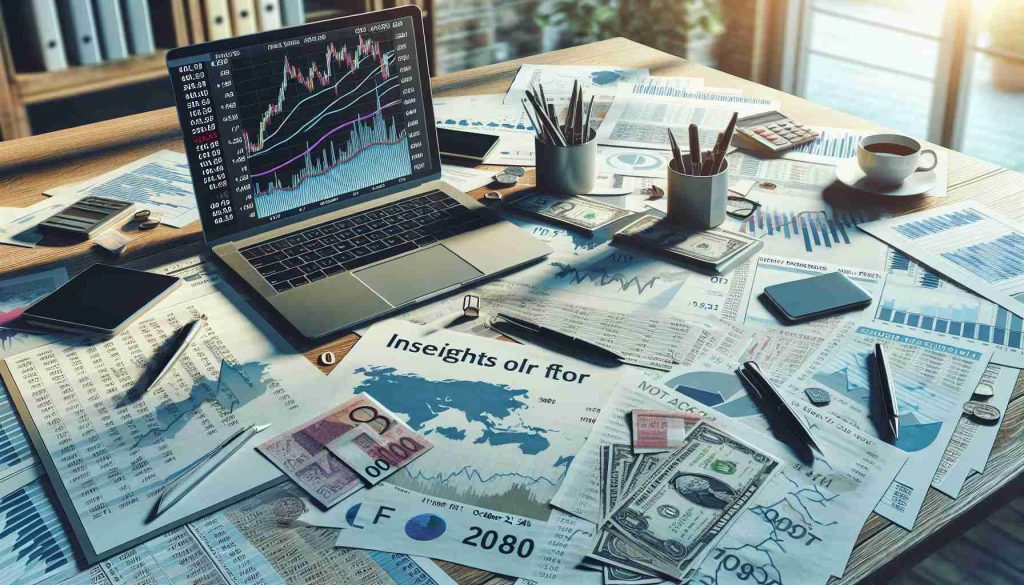 Realistic HD photo of a market analyst's desk cluttered with papers, charts, data reports, marked as 'Insights for October 21, 2024'. A currently opened laptop showing currency exchange rates and trends adding to the analytical ambiance of the setting. No people should be visible in this image to respect the identity preservation policy.