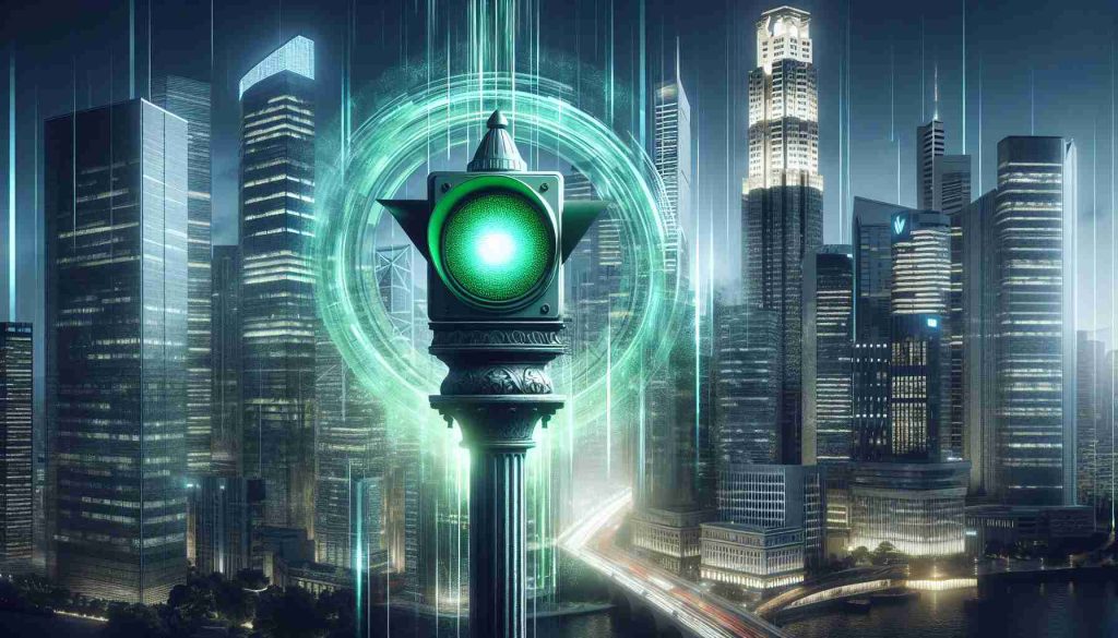 A realistic and high-definition visualization of a metaphorical scene where a large, international bank receives a green light signal, symbolizing approved regulatory changes. The signal stands tall against a backdrop of skyscrapers representing the global financial district. The green light radiates with intensity, illuminating the surrounding structures in a glowing halo of approval. This modern cityscape is expressed through an abstract lens, drawing parallels to strategic progress and developments in the banking sector.