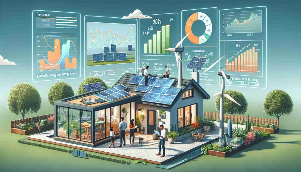 Create an HD realistic image that depicts exploration of latest trends in energy pricing for sustainable living. It could include a detailed illustration of an energy-efficient house, using renewable energy sources. Solar panels on the rooftop and a wind turbine in the backyard are visible. A person of South Asian descent and another of Hispanic descent are analyzing a digital screen that showcases trends and graphs of energy prices. On the digital screen, include graphics comparing conventional and renewable energy prices. Nearby, a chart on the wall shows the potential cost savings with renewable energy sources. Around them, there are green plants, symbolizing sustainable living.