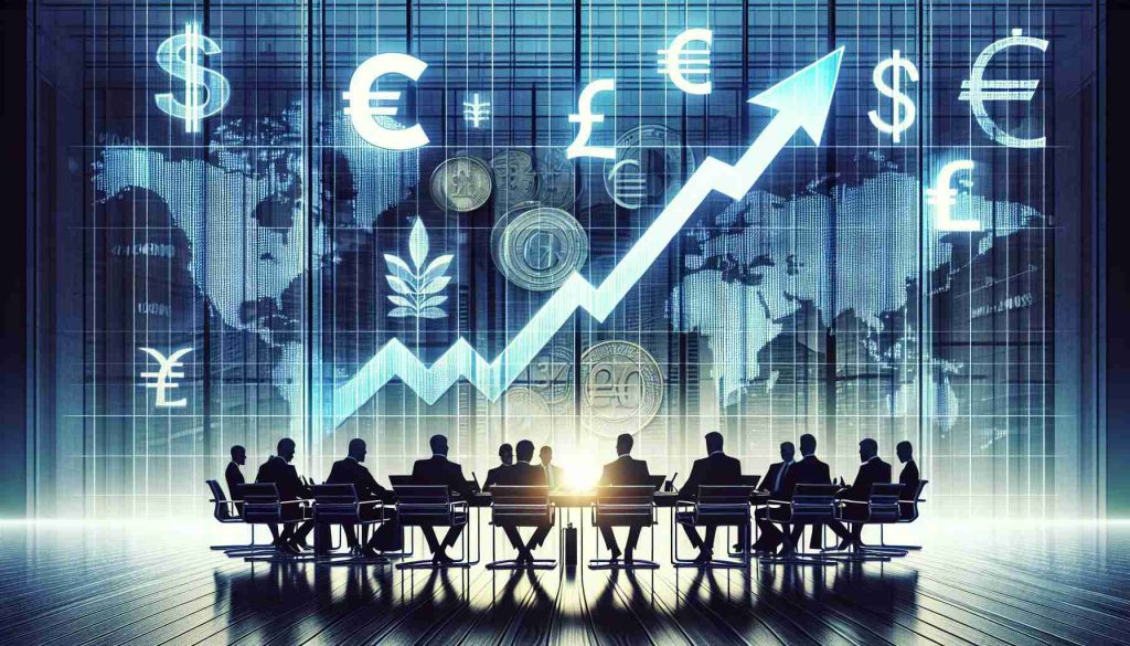 Generate a realistic High Definition image that symbolizes market speculation rising due to central bank meetings. The image can include elements like upward arrow graphs indicating growth, currency symbols, silhouettes of individuals around a conference table (symbolising a meeting), and perhaps a large office building signifying a central bank. The image should echo the tense anticipation in the business world during significant financial events.