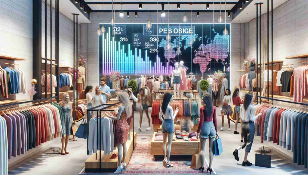 Generate a highly-detailed photo realistically depicting a cheerful scenario in a fashion retail store, teeming with color and activity. The store is experiencing a surge in consumers, possibly due to positive global market trends. Charts and infographics detailing these positive market trends are displayed on digital interfaces and pinned on walls, illustrating the surge in market interest. Shoppers are excited, holding clothing items from racks with delighted expressions. Display mannequins are dressed in trendy outfits.