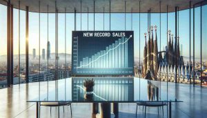 Generate a realistic, high-definition image of a graph showcasing new record sales figures situated in a modern and bright business office. The chart sits on a clear glass table and exhibits rising lines indicating growth, with the prominent title 'New Record Sales' displayed. Barcelona's iconic architectural landmarks, like the Sagrada Familia and Park Güell, can be seen through the large office window in the background, establishing that the office is located in Barcelona, Spain.