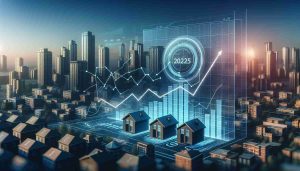 An image visually projecting the Real Estate Market Outlook for the year 2025. Display a graph indicating the potential upward or downward trends. Highlight key aspects of the real estate market such as residential buildings, commercial structures, and vacant lands. Incorporate elements that might influence these trends like interest rates and economic conditions. The graph should be superimposed on a background which subtly incorporates the silhouettes of a city skyline. All presented in a high-definition, realistic style.