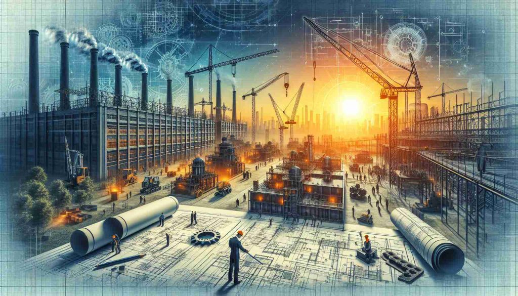 Generate a HD realistic image representing the theme of industrial investment in the region of Euskadi. The picture should comprise a rising sun in the backdrop, signifying ambition and hope. In the foreground, incorporate elements like blueprints, tools, machines, towering cranes and construction workers examining plans. The scene should suggest a massive transformation, with old industries giving way to new, modern ones.