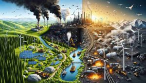 An illustration of the shift in global energy dynamics, viewed from a realistic HD perspective. The scene is divided into two contrasting parts showing the transition from fossil fuel-based energy sources towards renewable energy. On one half, there are coal mines, oil drills, and gas pipelines denoting the conventional energy resources; smoke and pollution are emanating. On the other half, the future of energy is represented with wind, solar and hydroelectric power sources; wind turbines are spinning, solar panels gleam in the sun, and hydroelectric dams harness the flow of water, all in a pristine, pollution-free environment.