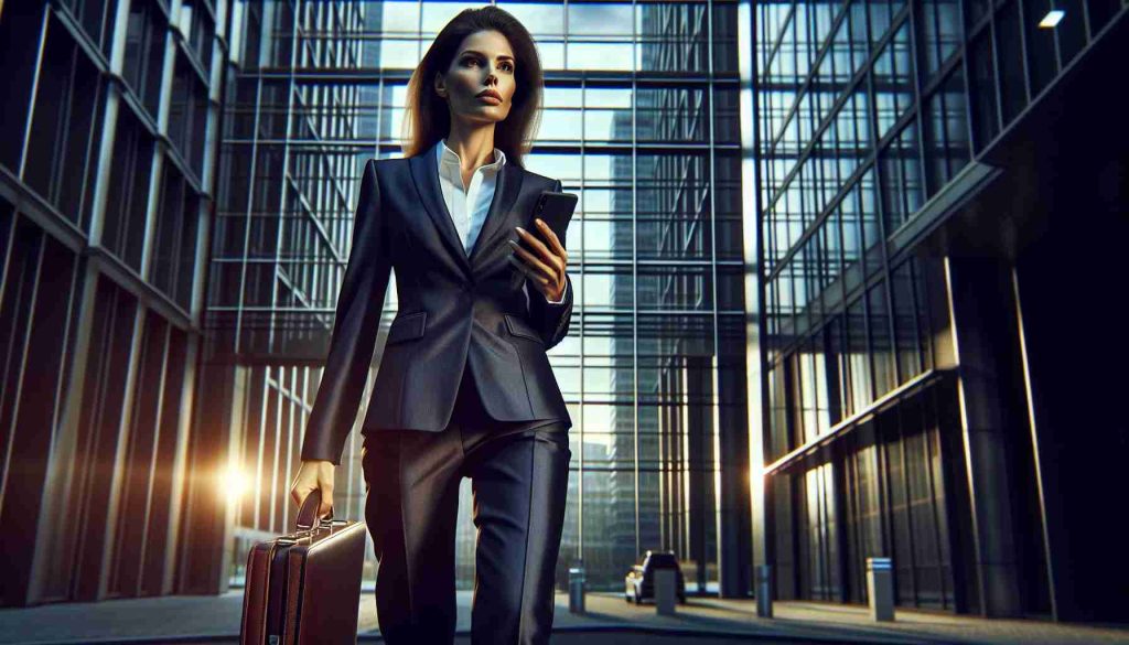 Realistic, high-definition photo of a financial expert leaving an office building that is constructed of steel and glass. The individual, a Caucasian woman in her 30s, is wearing a sharp, dark-colored business suit with a professional briefcase in one hand and her mobile phone in the other. She has a determined look on her face, her gaze directed forward, embodying the confidence and ambition typical of her profession. The scene is lit by the setting sun, casting a warm hue onto the scene and creating dramatic shadows that amplify the setting's grandeur.