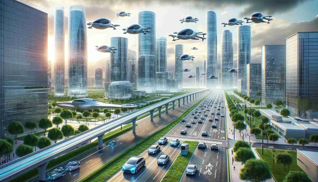 A hyper-realistic HD image providing a sneak peek into the future of transportation. The picture includes a city landscape with tall glass skyscrapers and a sky filled with quietly humming, sleek, autonomous flying vehicles of different shapes and sizes. The streets below are lined with electric autonomous cars of various designs. The scene illustrates a renewable, green energy-focused world where pedestrians and cyclists share the lanes with greenery and parks in a harmonious blend of urban life and nature. A monorail system weaves its way through the cityscape as a testament to public transport evolution.