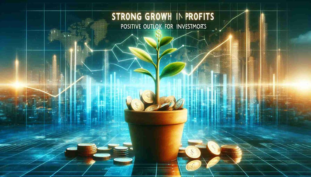 An image depicting a positive future outlook with the symbolic representation of profit growth. Envision this as a thriving plant sprouting from a pot filled with coins, representing prosperity and progress. The background is a bright futuristic cityscape symbolizing the promise of abundant opportunities. The words 'Strong Growth in Profits' are etched in bold typeface across the top, while 'Positive Outlook for Investors' is displayed at the bottom. The scene must be in high-definition and grounded in a realistic style.