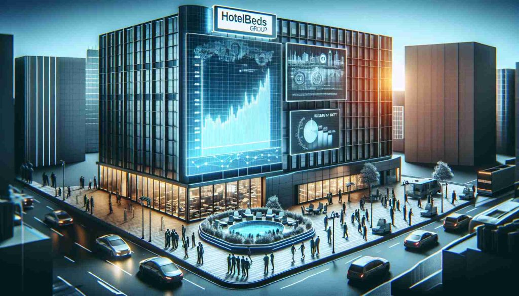 Generate a hyper-realistic, high-definition image showcasing an office building with a signboard that reads 'Hotelbeds Group'. The scene depicts a flurry of activities suggesting plans for an Initial Public Offering (IPO). On a billboard in the vicinity, there is a chart indicating the reduction of debt. Surround the office building with elements typical of a financial district, such as individuals in business attire, vehicles, and other high-rise buildings.