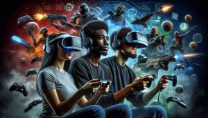 A high-definition, realistic image showcasing the rise of virtual reality (VR) in the gaming industry. The image could depict a scene where gamers of diverse descent and gender, such as a Black female and a Hispanic male, are deeply engrossed in VR games. The background could feature cutting-edge VR gaming setup with advanced controllers and VR headsets. An array of popular video game icons, representing different game genres, could be seen floating around the gamers symbolizing the transition from traditional to VR gaming. Include hints of futuristic technology to portray the growth and advancement in this industry.