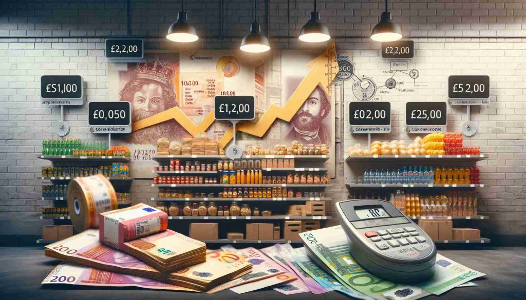 Create an image depicting the evolution of the cost of living in Spain manifested in a tangible way. Picture a grocery store where the prices on the shelf tags increase as one moves further into the store. Visualise currency notes with dwindling values, and a meter indicating how the cost of general utilities has increased. Capture the scene in a realistic, high-definition style.