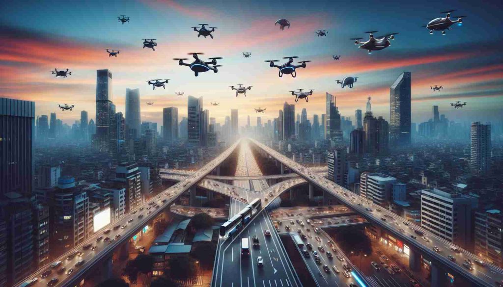 A high-definition, realistic image illustrating the concept of revolutionizing urban mobility. Picture a new era of aerial transportation. It shows a modern, bustling cityscape with tall skyscrapers, but instead of traditional vehicles, the roads are empty. Instead, the sky is filled with various futuristic flying vehicles, drones, and air taxis, creating a network of aerial paths. These innovative machines display sleek, aerodynamic design. They are silhouetted against the skyline, showcasing the potential for an efficient, congestion-free future. The sky is a blend of sunset colors, symbolizing the transition to this new era.