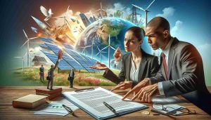 An HD image depicting the concept of renewable energy expansion. Picture a scene with a tabletop covered in legal documents and renewable energy contracts, and a background featuring diverse renewable energy sources like wind turbines, solar panels, and geothermal power plants. A person of black descent and female gender is inquisitively examining the documents while a person of Hispanic descent and male gender is pointing towards a particular section of the document. Their expressions reflect a tension indicating possible legal accusations.