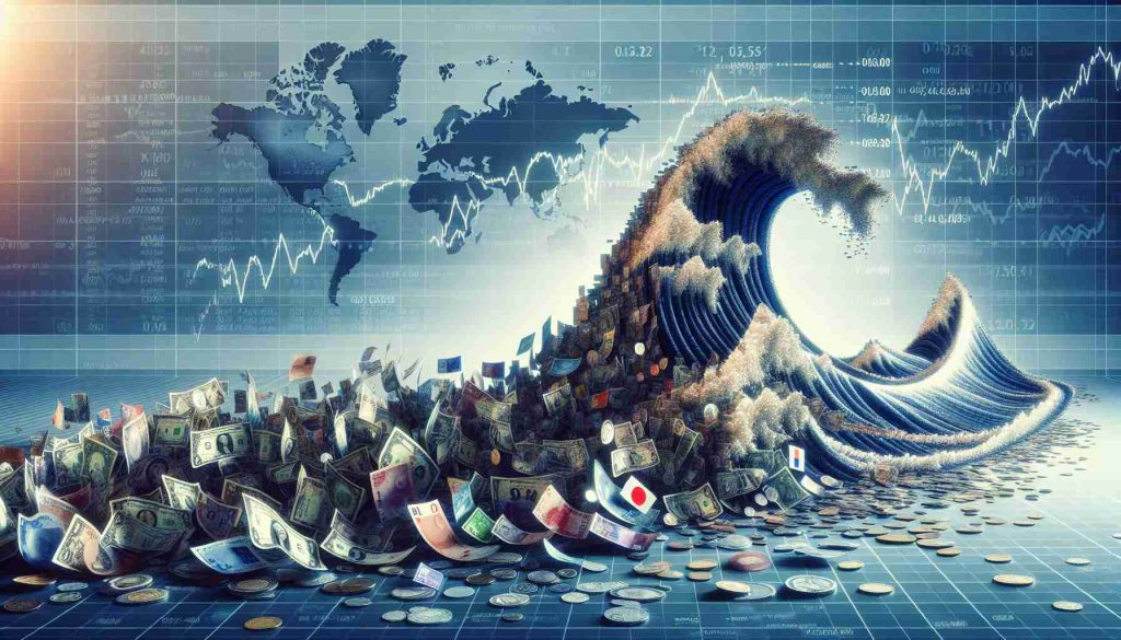 A high-definition image depicting the abstraction of volatility in global markets, symbolizing uncertainty due to unclear election results. The scene might show a large, unstable wave made of small pictures of different world currencies such as dollar bills, coins, yen, euro, and others, reflecting instability. In the background, one could see a silhouette of a large map representing the global context, with important financial symbols such as charts, up and down arrows dispersed across the canvas. The title 'Volatility in Global Markets as Election Results Remain Unclear' would be placed at the top of the image.