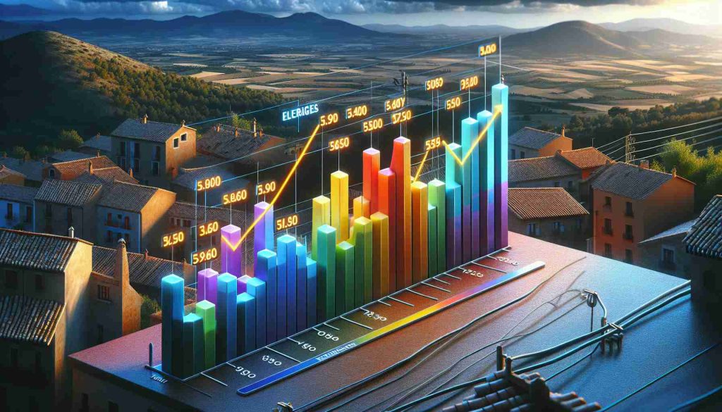 Realistic high-definition image of a bar chart illustrating the new trends in electricity pricing in Spain, with different colors showing the variations in prices over the years. The x-axis should represent time, with markers for different years, while the y-axis should represent the electricity prices. The chart should be surrounded by typical Spanish scenery such as the countryside or a cityscape to give it a local context.