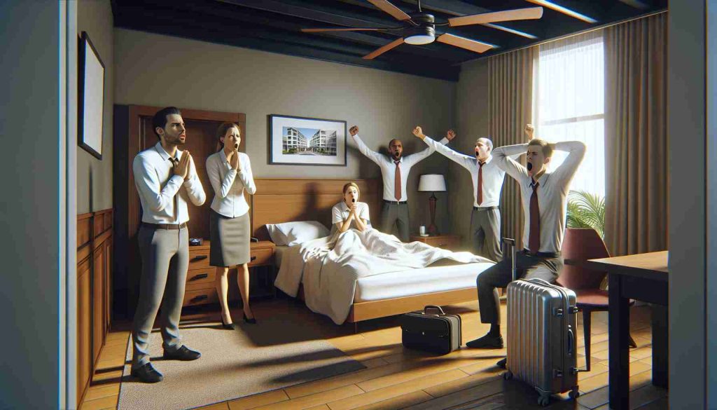 Generate a highly detailed, photorealistic, high definition image of an unexpected hotel employees' strike causing discomfort among guests. The image should capture the surprise and discomfort of the hotel guests due to the strike. It should be rendered with natural lighting, realistic textures, and authentic color grading, making it indistinguishable from a real photo.