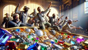 A highly detailed, photorealistic, HD image of video game characters celebrating as they find a jackpot of precious metals and gems. The characters are expressive in their triumph. The scene is filled with natural lighting, realistic textures, and authentic color grading, making the image indistinguishable from a real photo. The textures of the metals and gems are intricate and reflective, giving them a sense of tremendous value. The characters are diverse, with representation from Caucasian, Hispanic, Black, Middle-Eastern, and South Asian descents.