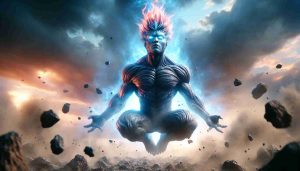 A highly detailed, photorealistic, HD image of a muscular humanoid alien with spiky, flame-colored hair levitating in the middle of a rocky terrain under a dramatic sky, his eyes glowing bright blue, indicating a significant transformation. The moment is filled with intense energy, with dust billowing around, rocks levitating and a bright aurora encircling him. The depiction should include natural lighting, realistic textures, and authentic color grading, making it indistinguishable from a real photo.