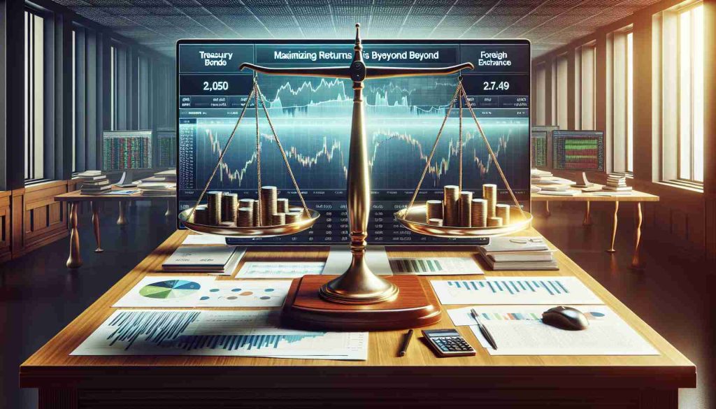 A high-definition, realistic illustration that depicts the concept of maximizing returns beyond Treasury Bonds. This could be portrayed as a balanced scale where Treasury Bonds are on one side and diverse investment options like stocks, commodities and foreign exchange are on the other, symbolizing higher returns. The atmosphere is that of a financial advisor's office, filled with graphs, charts and business reports laid out on a large wooden desk. There's a bright, analytical workstation with a modern computer displaying a live stock market feed.