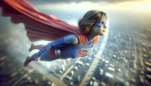 A highly detailed, photorealistic, HD representation of a young woman with superpowers taking flight. She is dressed in a blue and red costume with a cape, symbolizing a new era of adventures. The image is set under natural lighting, portraying realistic textures and color grading that would make it indistinguishable from a real photo.