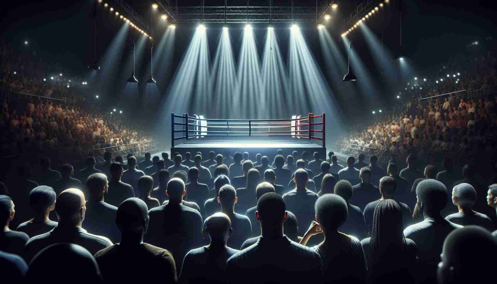 Create a highly detailed, photorealistic image in HD quality showcasing the silent build-up to a boxing showdown. Depict an electrifying atmosphere with darkened lights that highlight the boxing ring in the center. Show some diverse crowd members, including a black woman and a South Asian man, their eyes fixated on the ring, creating a sense of anticipation. Give the image a touch of natural lighting, realistic textures, and authentic color grading to make it indistinguishable from a real photo.