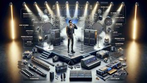 Realistic high-definition image of a pop singer's secret weapon for unforgettable concerts. The image includes state-of-the-art stage equipment such as sound systems, lights, pyrotechnics, and avant-garde stage design. It also illustrates the singer's exclusive backstage rituals which might involve vocal warm-ups, outfit choices, or personal symbols. Please ensure to portray the essence of the electrifying concert atmosphere.