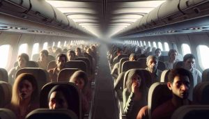 Render a highly detailed, photorealistic, HD depiction of a tense scene in an airplane cabin; passengers of diverse descents and genders appear to be in a state of panic. Soft, natural light filters from the tiny airplane windows, casting a quiet glow on the scared faces. Accentuate the grim reality with realistic textures; materials like fabric, metal, and plastic should look palpable. Use authentic color grading to stimulate a sober atmosphere, making sure the image resembles an actual photograph so closely that the lines between art and reality blur.