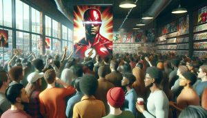 A high quality, realistic image capturing the energy and anticipation of comic book fans as they eagerly await the big return of a beloved superhero. A crowd of people, showcasing diverse ethnicities and genders, can be seen gathering in a comic book store, with posters and merchandise of the red-suited, blind superhero prominently displayed. The atmosphere is charged with excitement and thrill, with people animatedly discussing theories and speculating on the return storyline.