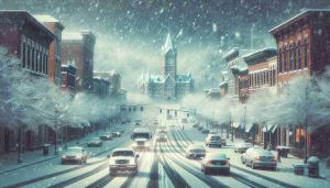 Create a highly detailed, photorealistic, HD image of a winter wonderland transforming into a driving nightmare. Picture the scene in the city of Clarksville bracing itself for heavy snow. Ensure the image features natural lighting, realistic textures, and authentic color grading, making it indistinguishable from a real photo. There should be flurries beginning to cover the landscape with a few vehicles cautiously navigating the roads. The overall atmosphere should capture the mood of anticipation and caution as the town prepares for the incoming snowstorm.