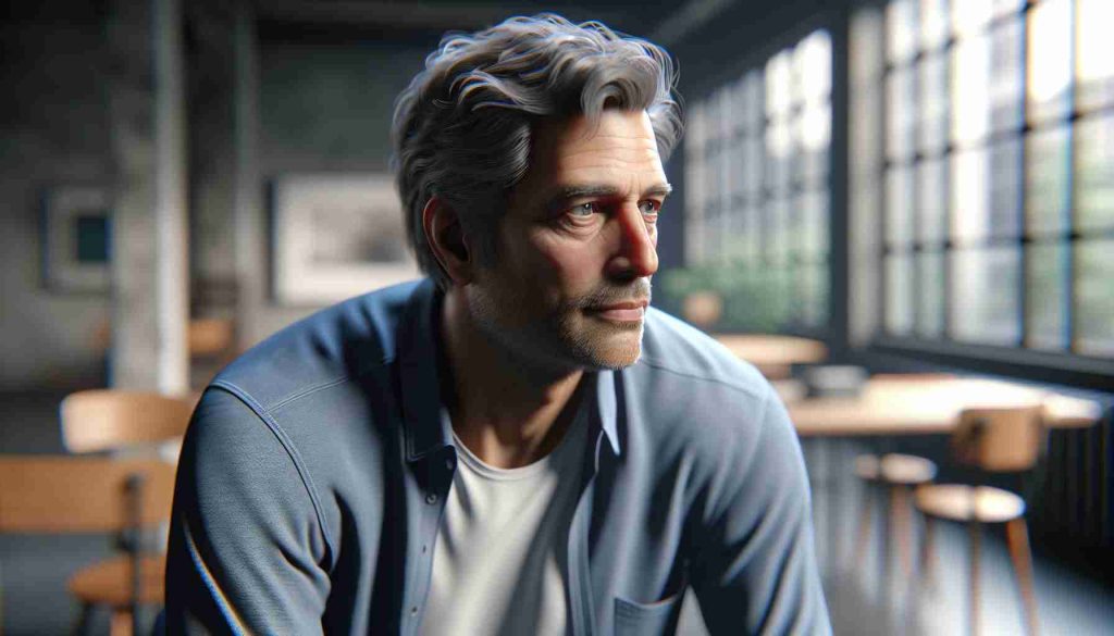 A highly detailed, photorealistic, HD representation of a middle-aged Caucasian man with natural lighting, realistic textures, and authentic color grading, indistinguishable from a real photo. The man is casually dressed, appears to be in deep thought, and is positioned in a setting that suggests a turn in his life, signaling struggles transitioning into opportunities for a new chapter.