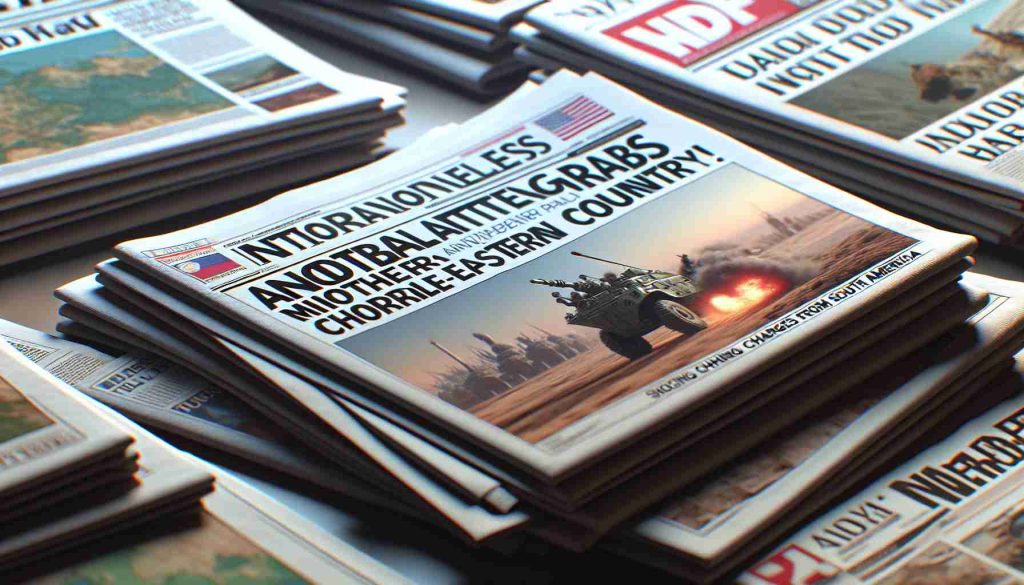 A highly detailed, photorealistic, HD depiction of a selection of international newspapers, capturing headlines worldwide. Focus on one newspaper with a headline, 'Global Attention Grabs Another Middle-Eastern Country! Shocking Charges from South America!'. Implement natural lighting, realistic textures and authentic color grading, striving to make the illustration indistinguishable from an actual photo.